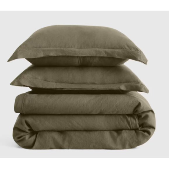 New Quince European Linen Double Flange Duvet Cover Set King/Cal Dusty Olive - Picture 1 of 5